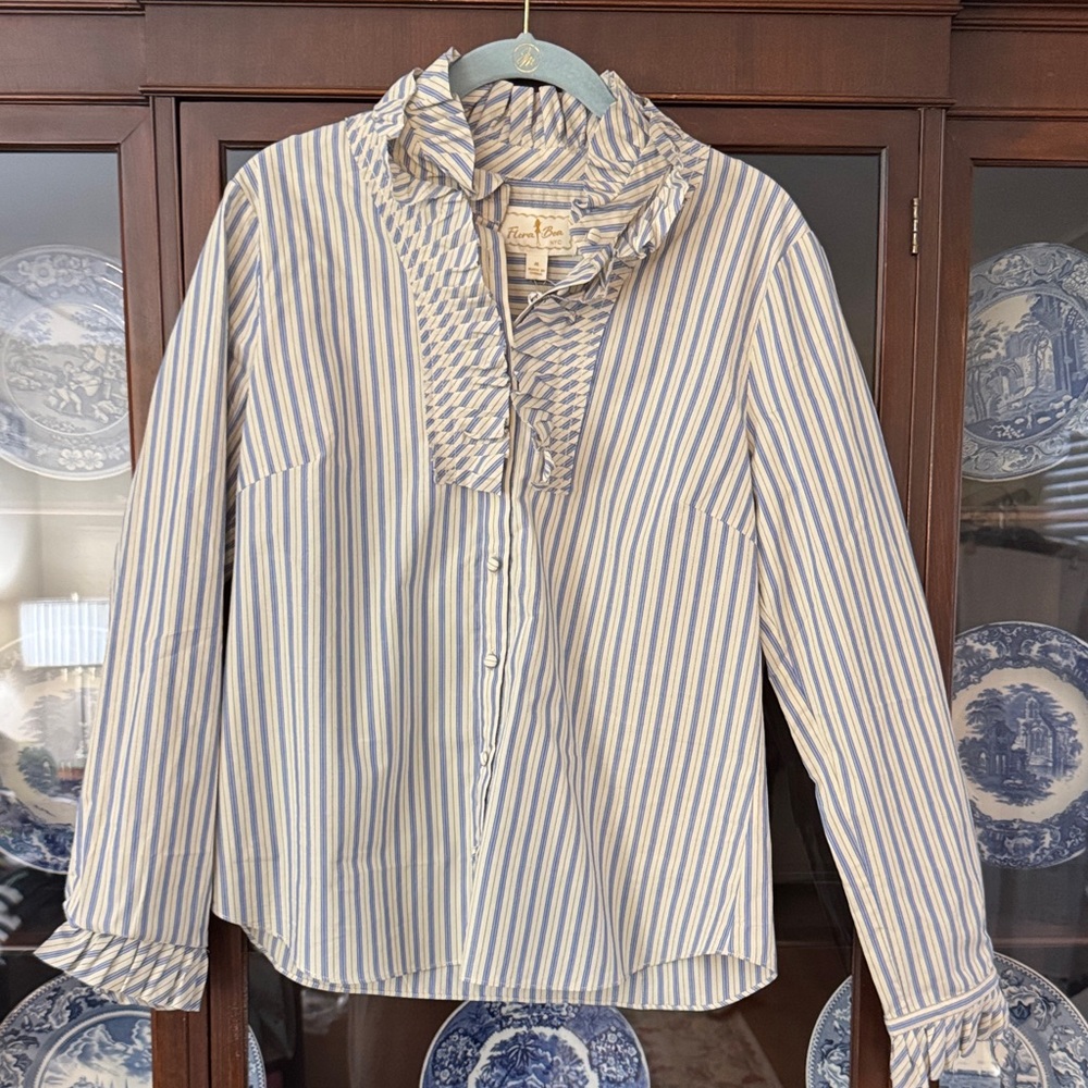 Flora Bea Stripe Ruffle Front Blouse in Blue and White